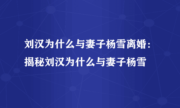 刘汉为什么与妻子杨雪离婚：揭秘刘汉为什么与妻子杨雪